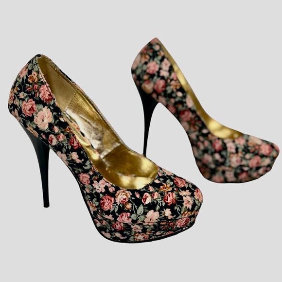 Beautiful Floral Platform Stiletto High Heels Roses Pink Black 5 inch Pumps Cute - Picture 1 of 7